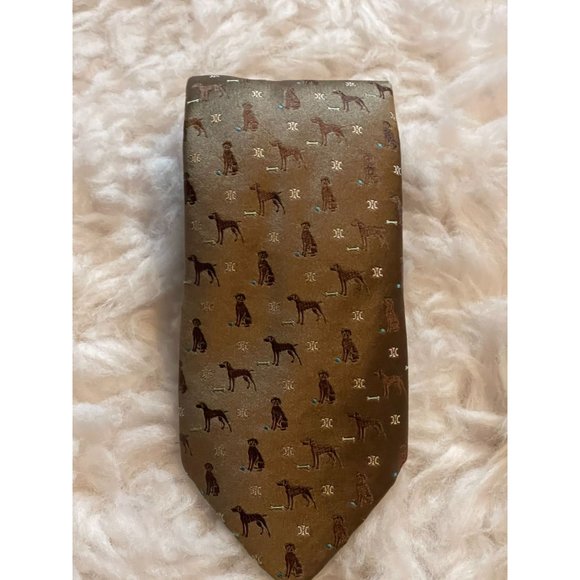Celine 100% Silk Tie Dog Theme Made in Italy Neutral Color - Picture 6 of 6